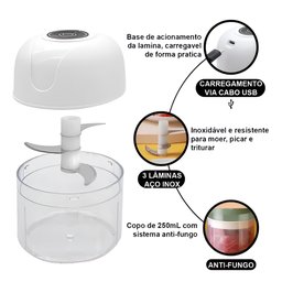 Mini Triturador Processador 250ml Branco Usb Recarregável com Lâminas Afiadas para Alimentos - 3