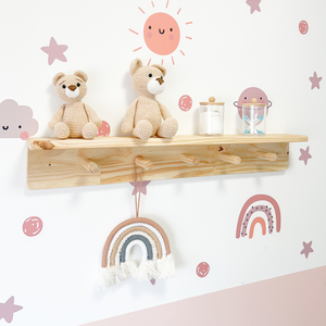 Cabideiro Prateleira de Madeira Infantil Montessori com Ganchos - Bento 80 Cm
