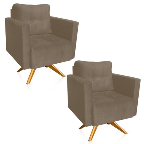 Poltrona Sala Decorativa Kit 2 Livia Giratória Madeira Suede Marrom Rato M11 - D’Rossi