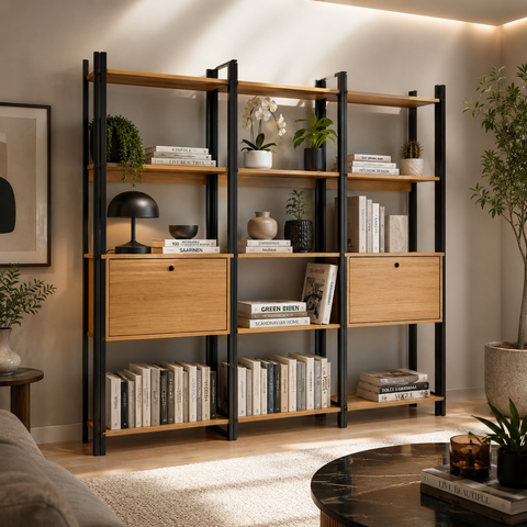 Kit 3 Estantes para Livros 2 Portas 15 Prateleiras Estilo Industrial Lâmina Mel/Preto - BRV Móveis