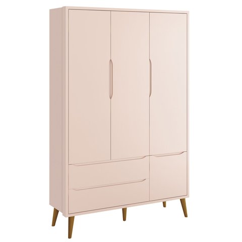 Guarda-roupa Retrô 3 Portas Théo New Rosa Fosco com Madeira - Moveisaqui