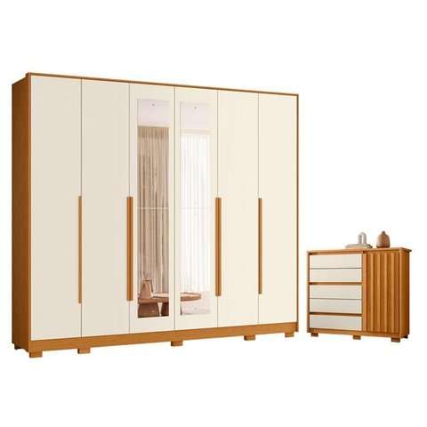 Guarda Roupa Casal Mercure com Espelho 6 Portas e Cômoda Sapateira Duetto 01 Porta e 05 Gavetas