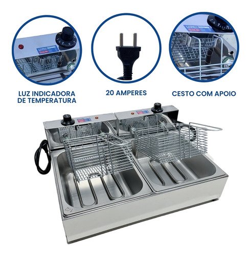 Fritadeira Elétrica Industrial 2 Cubas 10 Litros Inox - 3