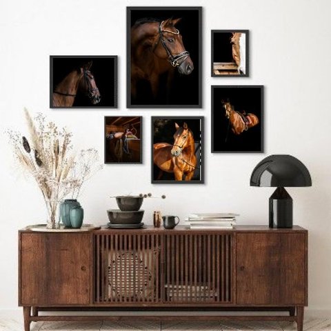 Composição 6 Quadros Fotografias Cavalos - com Vidro:madeira Branca