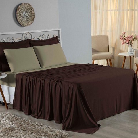 Jogo de Cama Casal Viúva Nobre 4 Peças Malha 100% Algodão - Marrom / Avelã