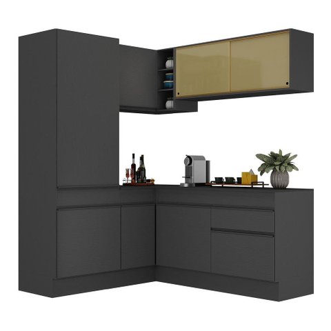 Armário de Cozinha Completa de Canto com Rodapé Veneza Multimóveis V2088 Preto