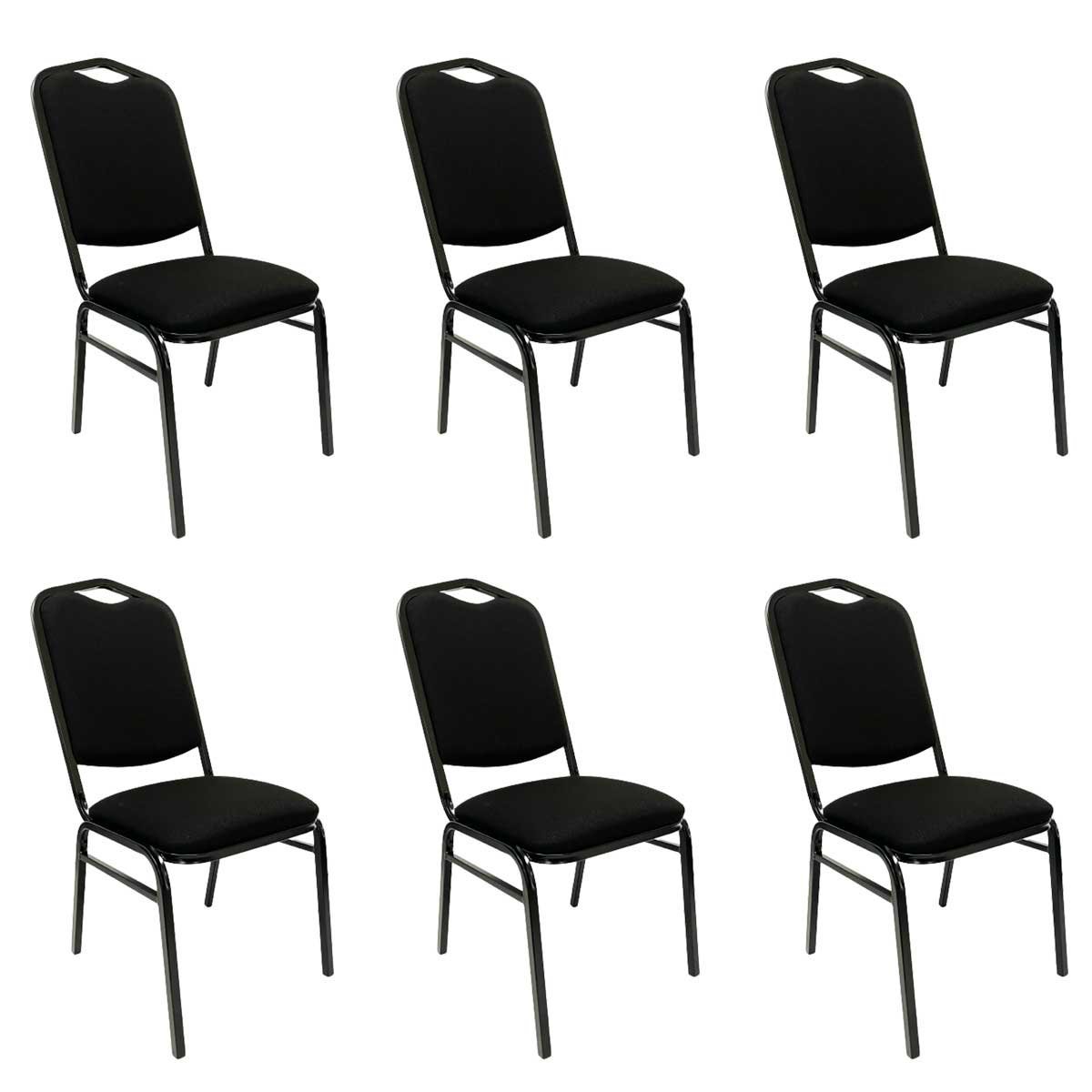 Kit 6 Cadeiras para Hotel Auditório Igreja Restaurante Eventos com Reforço Empilhável cor Preta Polt