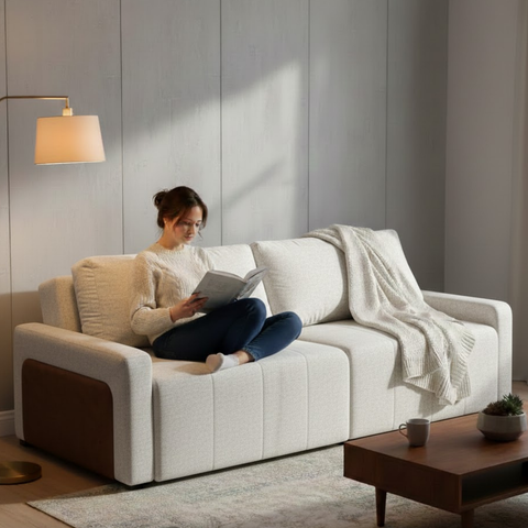 Sofá Cama Dublin, Retrátil e Reclinavél, Tecido Bouclé, Molas Ensacadas, 1,90m.