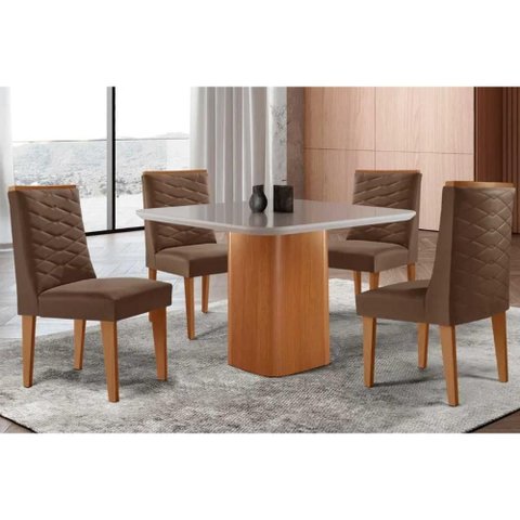 Conjunto: Mesa de Cozinha Maldivas C/ Tampo Madeirado C/ Vidro Canto Curvo 90x90cm e 4 Cadeiras