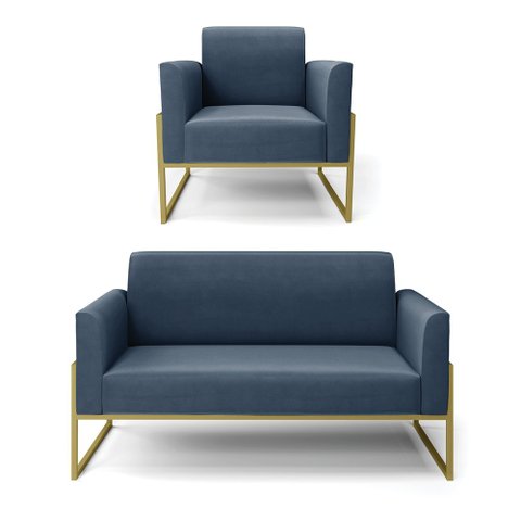 Sofá Namoradeira com Poltrona Base Industrial Alta Dourado Marisa Suede D03 - D’Rossi Azul Ma
