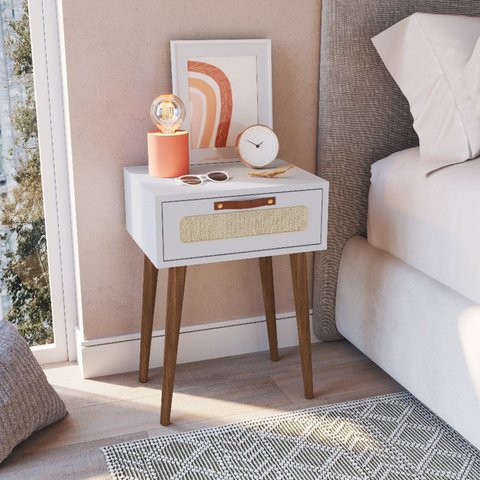 Mesa Cabeceira para Quarto com 1 Gaveta Retrô Branco