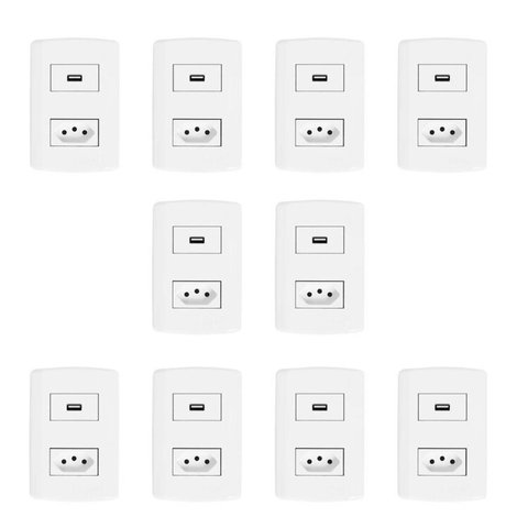 Conjunto com 10 Tomadas Usb + 1 Tomada 2p+t 20a 250v, Modular, com Placa 4x2 e Suporte