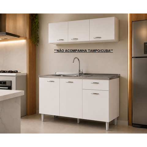 Kit de Cozinha Aéreo + Balcão de Pia 120cm sem Tampo - Branco Poquema