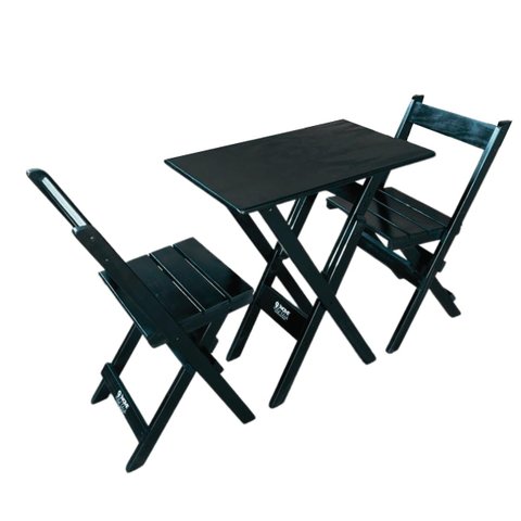Jogo Mesa Aparador Bar Dobrável com 2 Cadeiras em Madeira Maciça - Preto