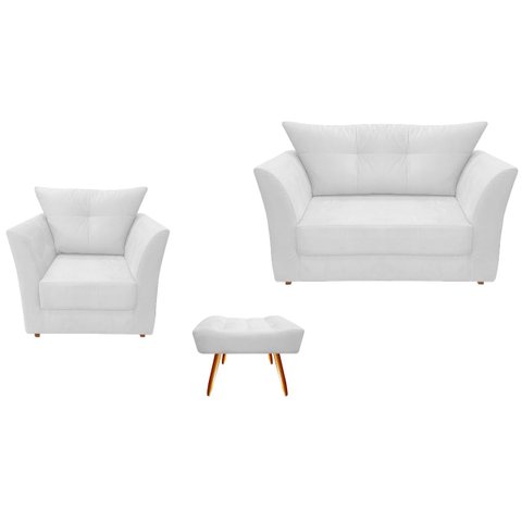 Kit Namoradeira + 1 Poltrona Decorativa Isis + 1 Puff Retangular Couro Branco Pés Madeira Ms Decor
