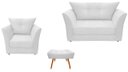 Ver imagem 1 de Kit Namoradeira + 1 Poltrona Decorativa Isis + 1 Puff Retangular Couro Branco Pés Madeira Ms Decor