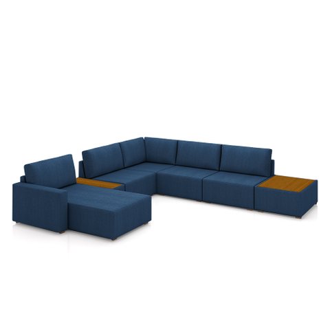 Sofá de Canto Decorativo Sala de Estar 715cm Modulado Takashi com Chaise Puffs Bouclê Azul Petróleo