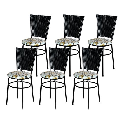 6 Cadeiras para Mesa Preta Hawai Preto Assento Floral:floral Orquídea