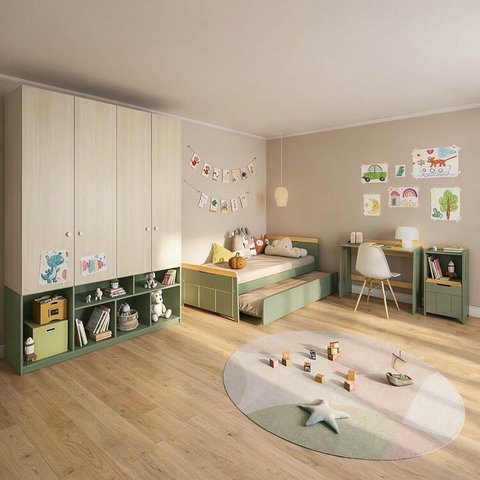 Quarto Completo Guardar-roupa Curió, Bicama, Escrivaninha e Estante Petit Casatema Madeiraoriginals