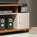 Ver imagem 4 de Rack Bancada Pequena Sala Estar Tv até 32 Polegadas 1 Porta 2 Prateleiras 1 de Vidro e Rodízios Smar