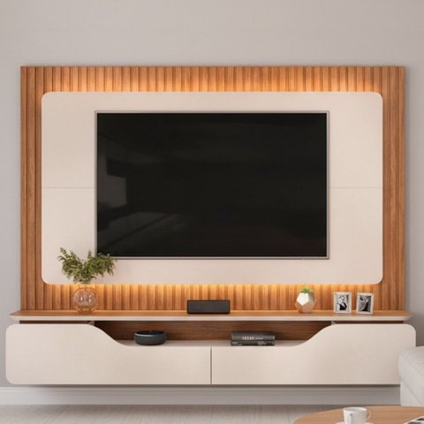 Estante e Home Theater Ripado para TV até 70 Polegadas com 100% MDF 210cmx180cm Led Treviso Marrom Off White/Freijó