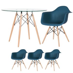 Mesa redonda Eames com tampo de vidro 100 cm + 3 cadeiras Eiffel DAW azul petróleo