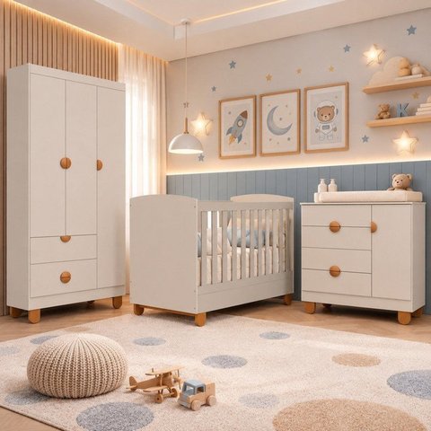 Quarto Apolo para Bebê Completo com Berço 2 em 1 Cômoda com Porta e Guarda-Roupas 3 Portas 100% MDF