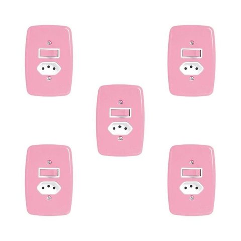Conjunto 5 Interruptores Simples com Tomada 2P+T 20A Placa 4x2 Rosa Pluzie