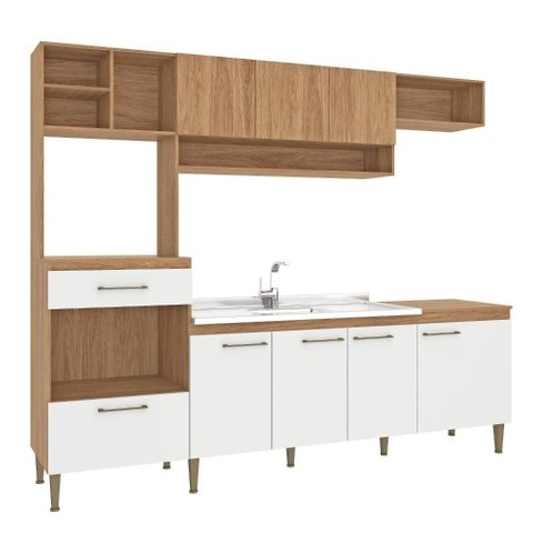 Armário de Cozinha Completa Modulada com Armário e Balcão 5 Peças 240cm CC120 Cor Mel/Branco -