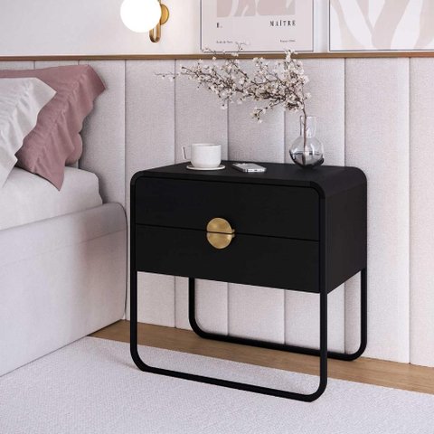 Mesa de Cabeceira Orgânica 60cm com 2 Gavetas e Pés em Metal Cor:nero com Preto