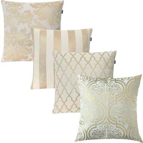 Kit 4 Capas de Almofadas Luxo Composê Adamascado, Listrado Geométrico e Medalhão Branco e Dourado 45
