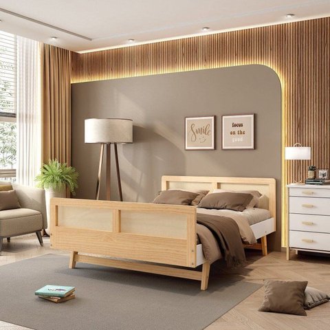 Cama Casal Lift em Madeira Maciça com Rattan Casatema MadeiraOriginals Bege/Branco/Marrom
