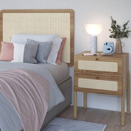 Conjunto Cabeceira Solteiro 90cm e Mesa de Cabeceira 2 Gavetas Pé Madeira Palhinha Oslo - 1