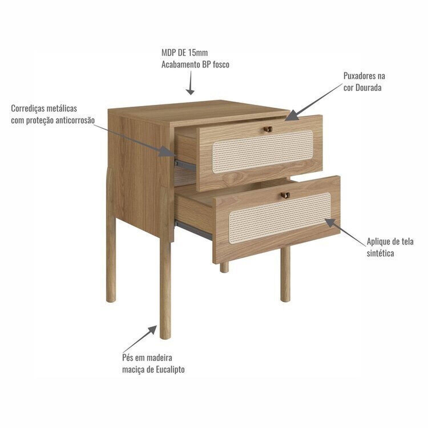 Conjunto Cabeceira Solteiro 90cm e Mesa de Cabeceira 2 Gavetas Pé Madeira Palhinha Oslo - 10