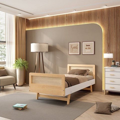Cama Solteiro Lift em Madeira Maciça com Rattan Casatema MadeiraOriginals Bege/Branco/Marrom