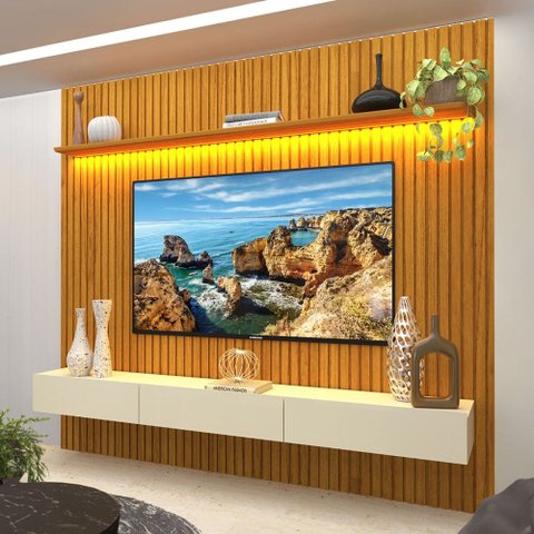 Painel para TV até 85 Polegadas Sole 3 Gavetas Ripado 100% MDF Naturale/Off White - Pnr Móveis