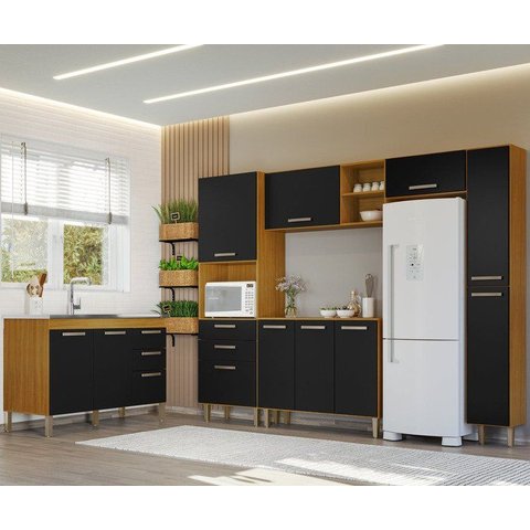Cozinha Completa Modulada 6 Peças sem Tampo Preta Carvalho Americano Íris
