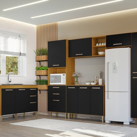 Conjunto Cozinha Modulada Completa 5 Peças e Balcão para Pia sem Tampo 118cm Iris Preto/Carvalho Americano