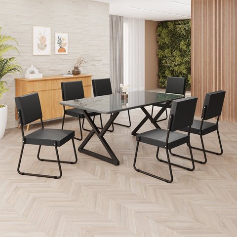 Conjunto Sala de Jantar Mesa 160x90cm Base Império Tampo MDF Laca com Vidro Napoli Preto