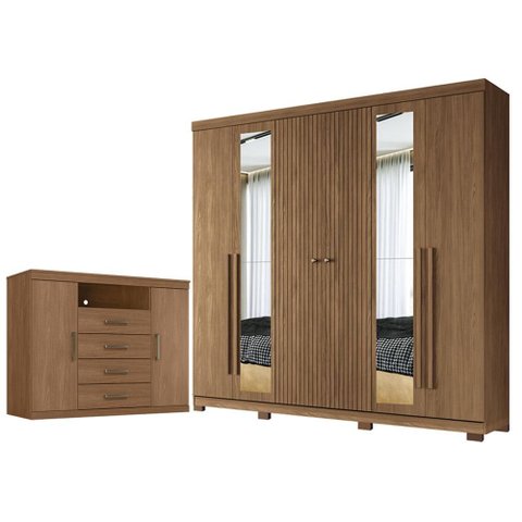 Guarda Roupa Casal Ripado 6 Portas Buriti com Espelho e Pés e Cômoda Havana Master Jatobá Acetinado 