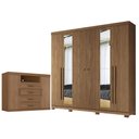 Ver imagem 1 de Guarda Roupa Casal Ripado 6 Portas Buriti com Espelho e Pés e Cômoda Havana Master Jatobá Acetinado