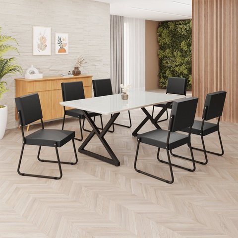 Conjunto Sala de Jantar Mesa 160x90cm Base Império Tampo MDF Laca com Vidro Napoli Preto