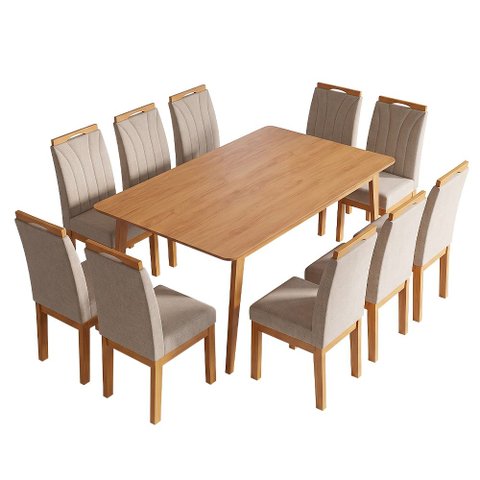 Conjunto Mesa 160x90 com 10 Cadeiras Blend Pés Madeira Maciça Sala de Jantar Premium Moderna - Bege
