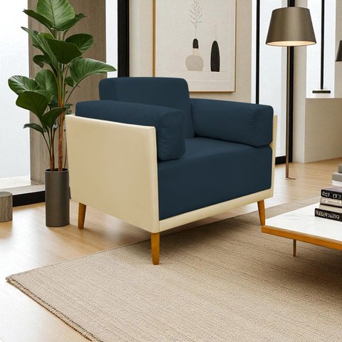 Poltrona Decorativa para Sala Recepção Consultório Isadora Corino Bege e Suede Azul Marinho