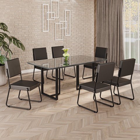 Conjunto Sala de Jantar Mesa 160x90cm Base Lunna Tampo MDF Laca com Vidro Napoli Preto