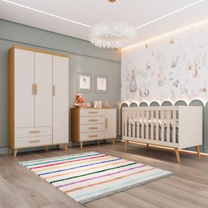 Quarto de Bebê Guarda Roupa Ludmila Cômoda com Fraldário Berço 3 em 1