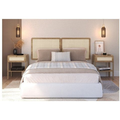 Conjunto Cabeceira Casal 160cm e 2 Mesas de Cabeceira 1 Gaveta Pé Madeira Palhinha Oslo Bege