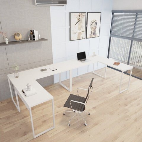 Conjunto 2 Mesas de Escritório em L Estilo 1,50MX1, Kuadra 150cm Branco