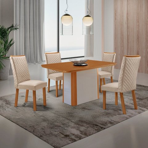 Mesa de Jantar Isadora 120cm Tampo MDF Vidro Canto Copo com 4 Cadeiras Aline
