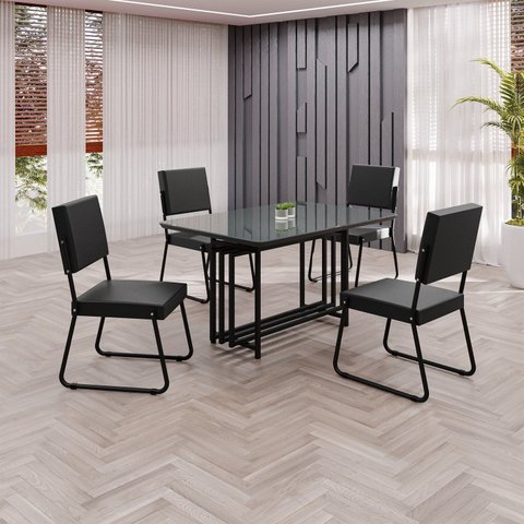 Conjunto Sala de Jantar Mesa 120x90cm Base Pérola Tampo MDF Laca com Vidro Napoli Preto